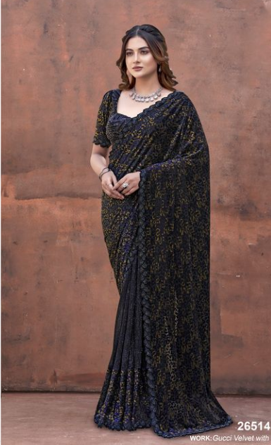 Black Gucci Velvet with Foil Coated Brasso Saree with Pure Beads Hand Work | Satin Silk Blouse
