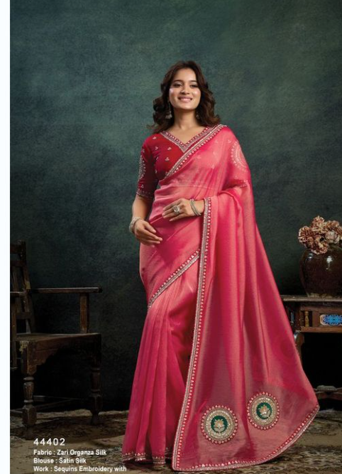 Radiant Red Zari Organza Silk Saree | Sequins Embroidery & Stone Applique Work