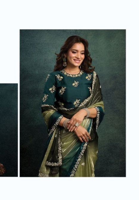 Teal Green Two Tone Satin Silk Saree | Multi Stone Handwork & Sequins Embroidery