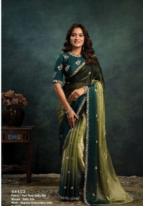 Teal Green Two Tone Satin Silk Saree | Multi Stone Handwork & Sequins Embroidery