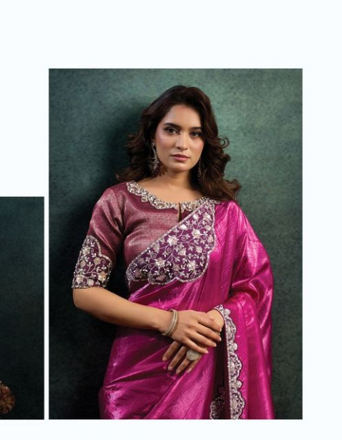 Rani Crush Satin Silk Saree | Dual Sequins & Pearl Stone Handwork