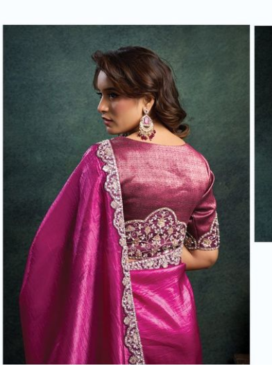 Rani Crush Satin Silk Saree | Dual Sequins & Pearl Stone Handwork