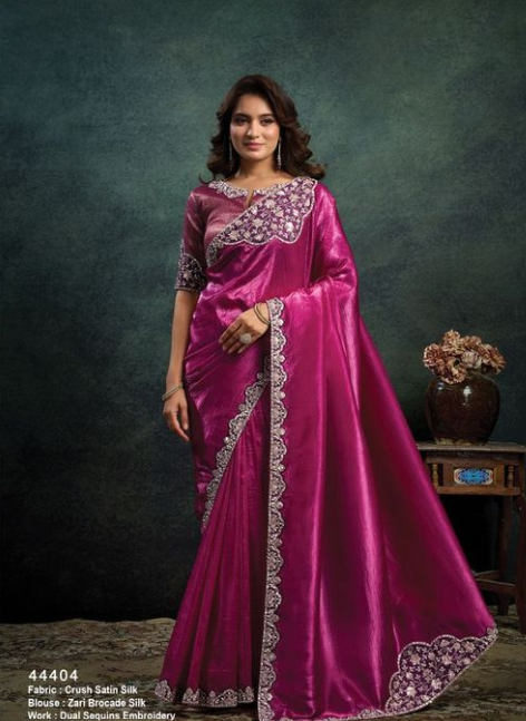 Rani Crush Satin Silk Saree | Dual Sequins & Pearl Stone Handwork