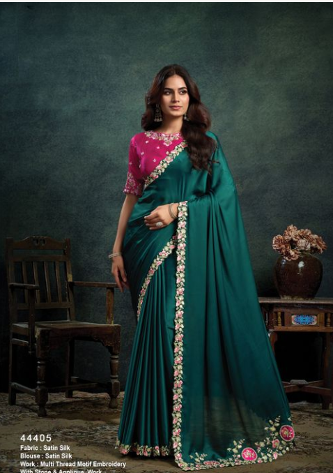 Peacock Green Satin Silk Saree | Multi Thread Motif Embroidery & Stone Applique