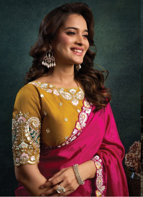 Rani Satin Silk Saree | Multi Thread Motif Embroidery & Stone Applique Work