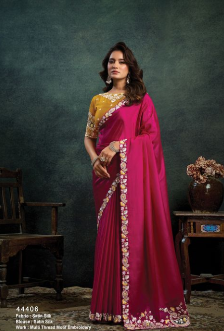 Rani Satin Silk Saree | Multi Thread Motif Embroidery & Stone Applique Work