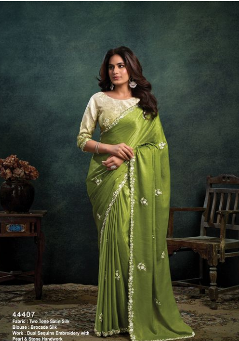 Green Two Tone Satin Silk Saree | Dual Sequins Embroidery & Pearl Stone Handwork