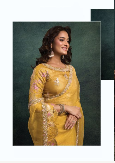 Yellow Crush Organza Silk Saree | Dual Sequins Embroidery & Pearl Stone Handwork
