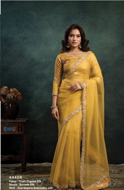 Yellow Crush Organza Silk Saree | Dual Sequins Embroidery & Pearl Stone Handwork