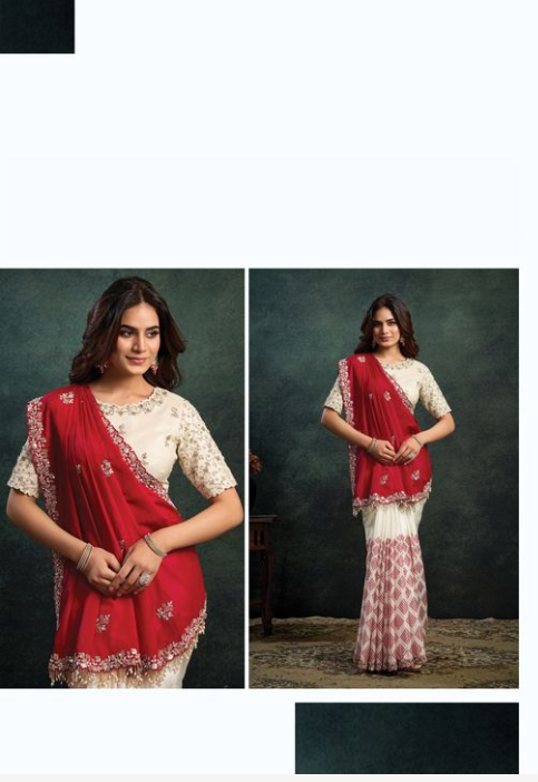 Cream Red Printed Upada Saree | Dual Sequins & Pearl Handwork Embroidery