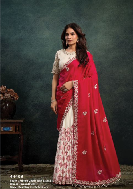 Cream Red Printed Upada Saree | Dual Sequins & Pearl Handwork Embroidery