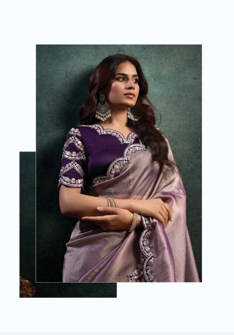 Lovender Zari Organza Silk Saree | Dual Sequins & Pearl Handwork Embroidery