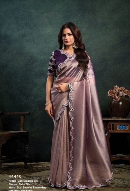 Lovender Zari Organza Silk Saree | Dual Sequins & Pearl Handwork Embroidery