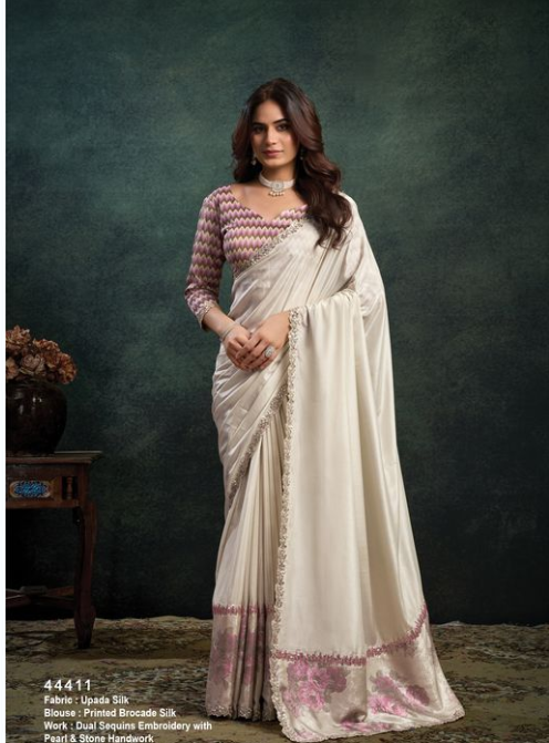 Tusser Upada Silk Saree | Dual Sequins & Pearl Stone Handwork