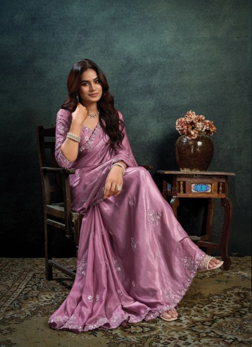 Pink Soft Satin Saree | Sequins Embroidery & Pearl Stone Handwork