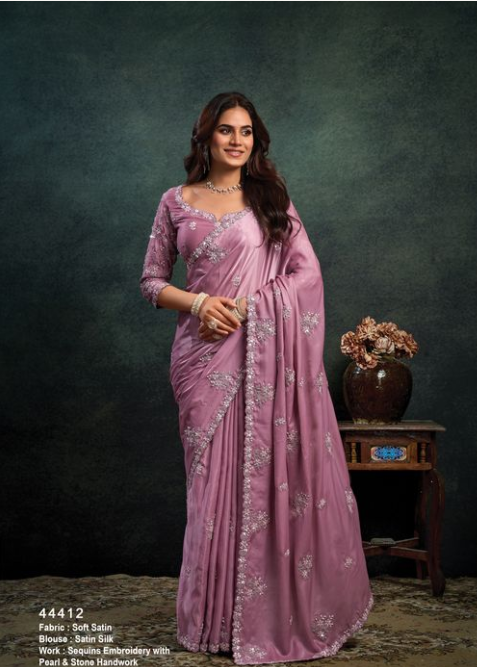 Pink Soft Satin Saree | Sequins Embroidery & Pearl Stone Handwork
