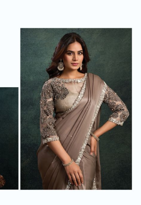 Chiku Soft Satin Saree | Dual Sequins & Stone Applique Work