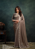 Chiku Soft Satin Saree | Dual Sequins & Stone Applique Work