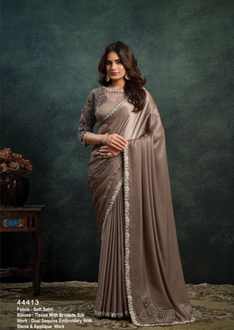 Chiku Soft Satin Saree | Dual Sequins & Stone Applique Work