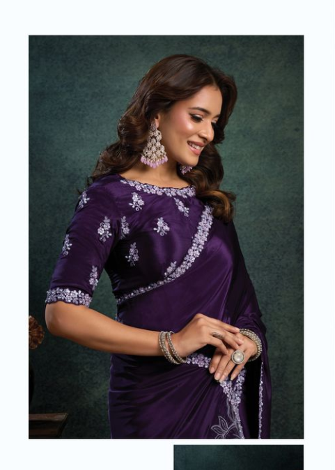 Purple Satin Silk Saree | Dual Sequins & Pearl Applique Work