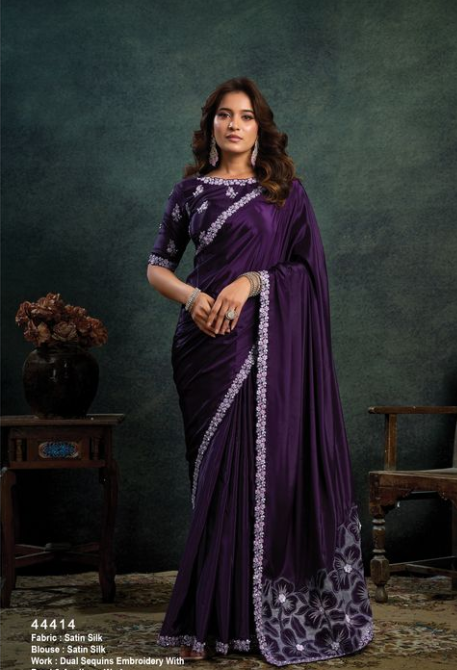Purple Satin Silk Saree | Dual Sequins & Pearl Applique Work