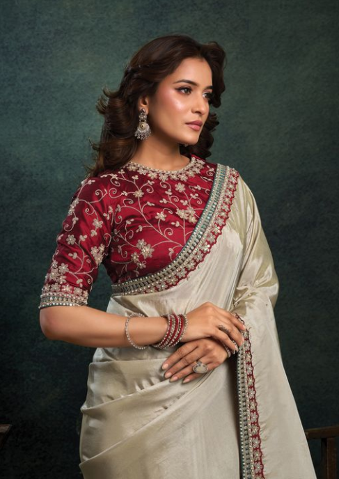 Tusser Upada Silk Saree | Sequins Embroidery & Pearl Stone Handwork