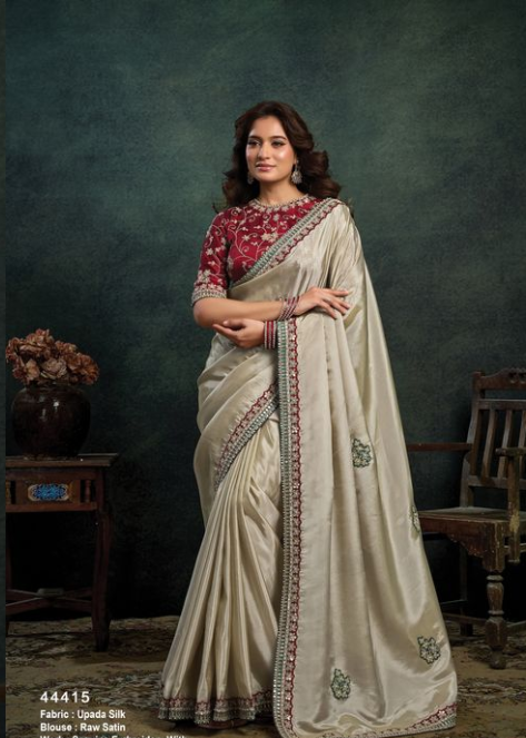 Tusser Upada Silk Saree | Sequins Embroidery & Pearl Stone Handwork