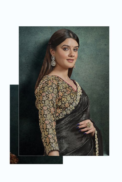 Black Crush Paper Silk Saree | Moti Handwork & Rangkat Embroidery