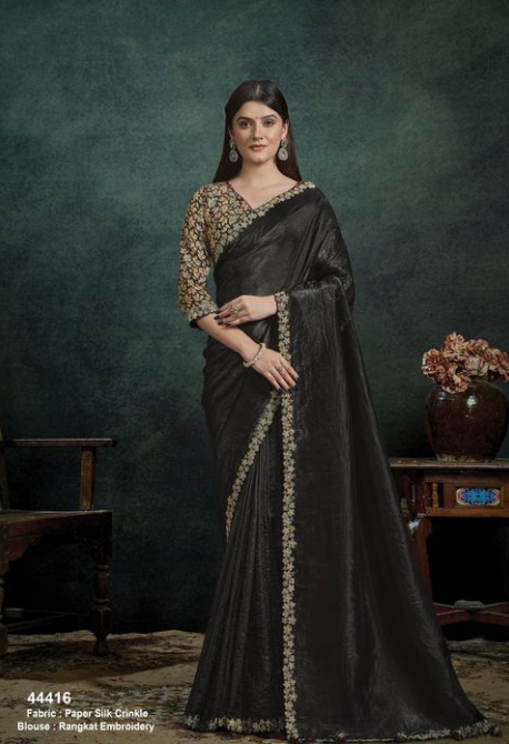 Black Crush Paper Silk Saree | Moti Handwork & Rangkat Embroidery