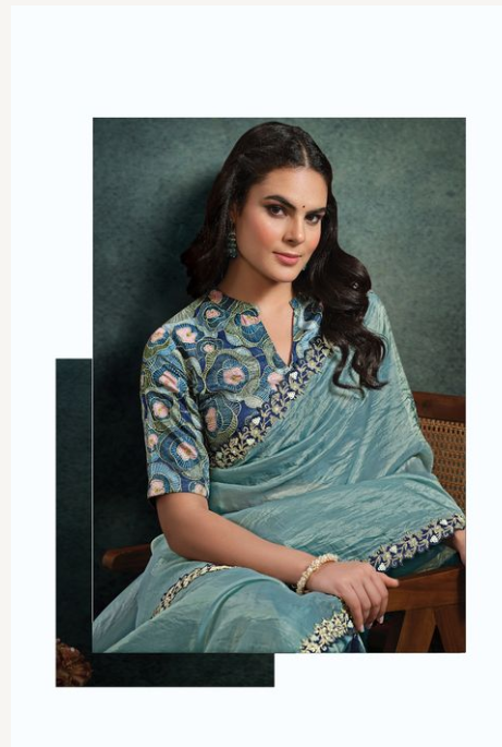 Sea Green Paper Silk Saree | Moti Handwork & Rangkat Embroidery