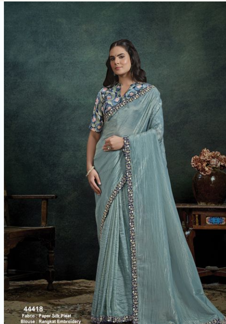 Sea Green Paper Silk Saree | Moti Handwork & Rangkat Embroidery