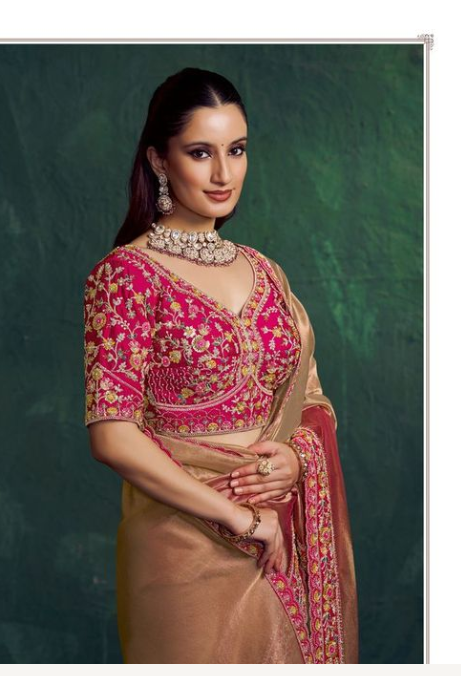 Rose Golden Kora Zari Tissue Silk Saree | Dual Beads Embroidered Elegance