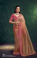 Rose Golden Kora Zari Tissue Silk Saree | Dual Beads Embroidered Elegance