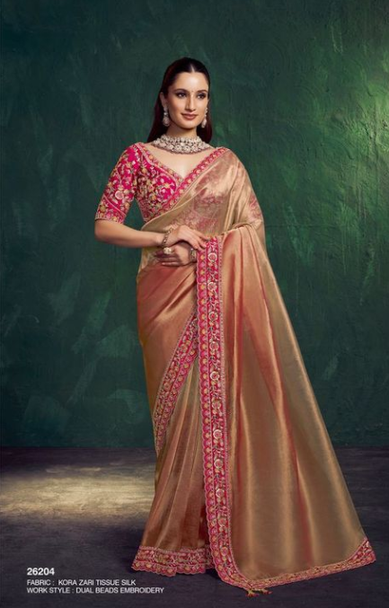 Rose Golden Kora Zari Tissue Silk Saree | Dual Beads Embroidered Elegance