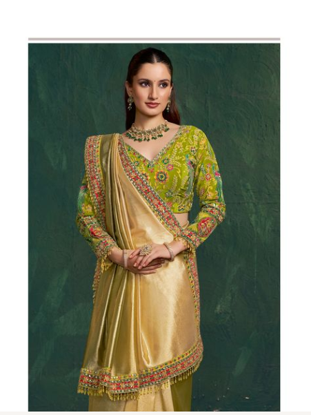 Green Shaded Kora Zari Tissue Silk Saree | Floral Motifs with Zari & Position Work
