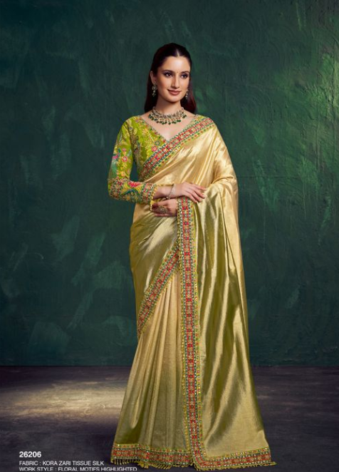 Green Shaded Kora Zari Tissue Silk Saree | Floral Motifs with Zari & Position Work