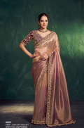 Purple Golden Kora Zari Tissue Silk Saree | Golden Beads with Floral Embellishment
