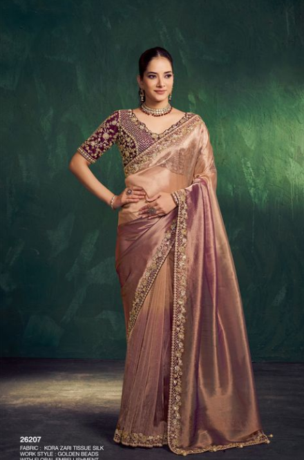 Purple Golden Kora Zari Tissue Silk Saree | Golden Beads with Floral Embellishment
