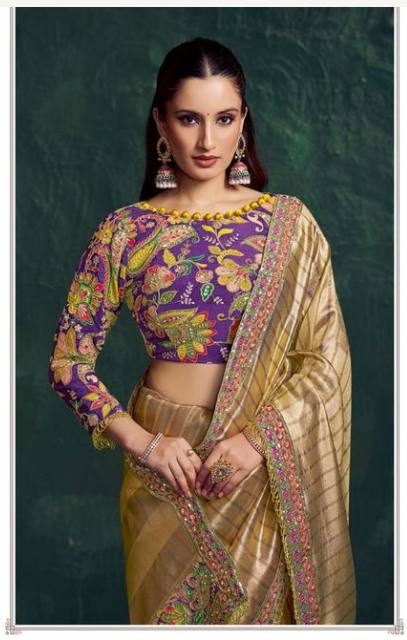 Light Golden Kanjivaram Zari Tissue Saree | Floral Motifs with Zari & Position Work
