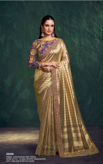 Light Golden Kanjivaram Zari Tissue Saree | Floral Motifs with Zari & Position Work