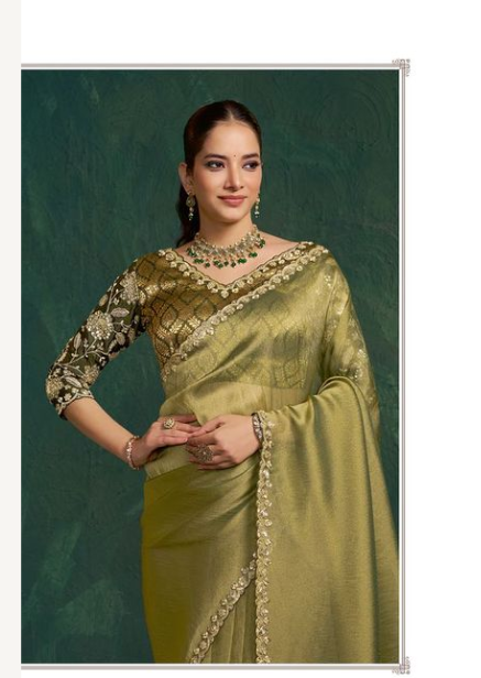 Olive Green Zari Tissue Silk Saree | Dual Sequence with Delicate Handwork