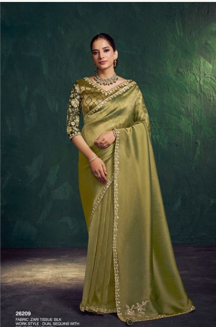 Olive Green Zari Tissue Silk Saree | Dual Sequence with Delicate Handwork