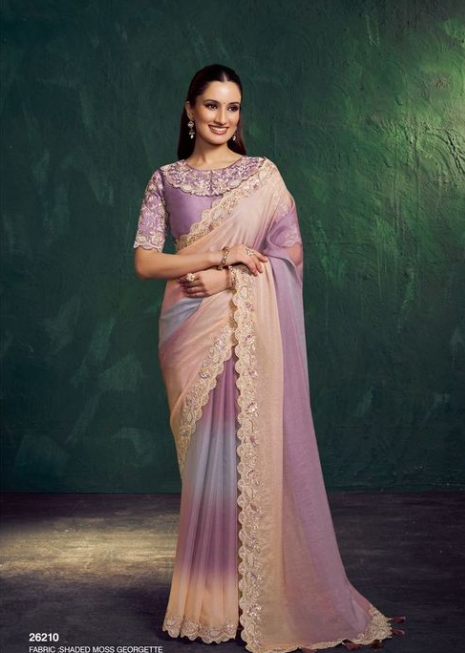 Purple Shaded Moss Georgette Saree | Scallop Embroidery with Diamond Work