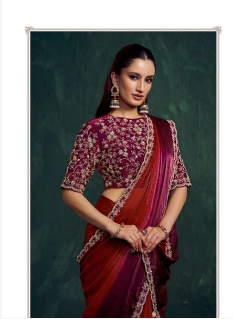 Maroon Wine Two Tone Shaded Satin Saree | Beads, Sequence Embellishment with Scallops