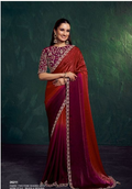 Maroon Wine Two Tone Shaded Satin Saree | Beads, Sequence Embellishment with Scallops