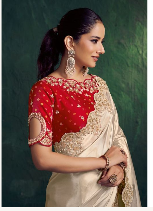 Tusser Upada Silk Saree | Scallop Dual Sequence with Embroidery and Stone Work