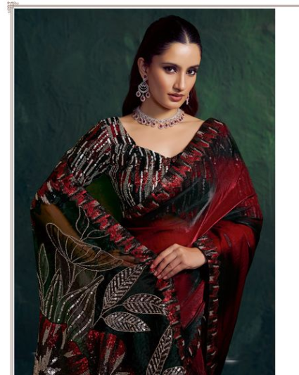 Black & Maroon Two Tone Shaded Satin Saree | Triple Sequence with Beads and Embellishment