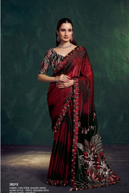 Black & Maroon Two Tone Shaded Satin Saree | Triple Sequence with Beads and Embellishment