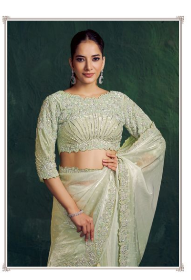 Sea-Green Two Tone Shaded Satin Saree | Sequence, Embroidery, Pearl, Diamonds and Handwork