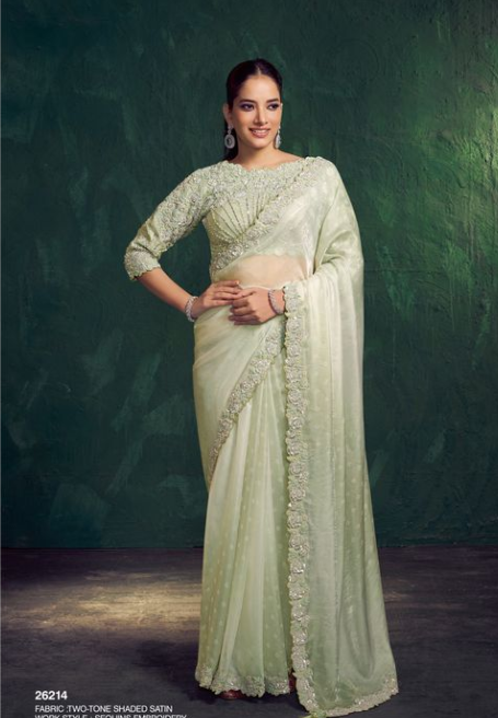 Sea-Green Two Tone Shaded Satin Saree | Sequence, Embroidery, Pearl, Diamonds and Handwork